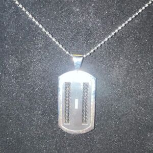 Silver Plated Dog Tag Pendant Solid Stainless Steel CZ Diamonds On Basic Chain